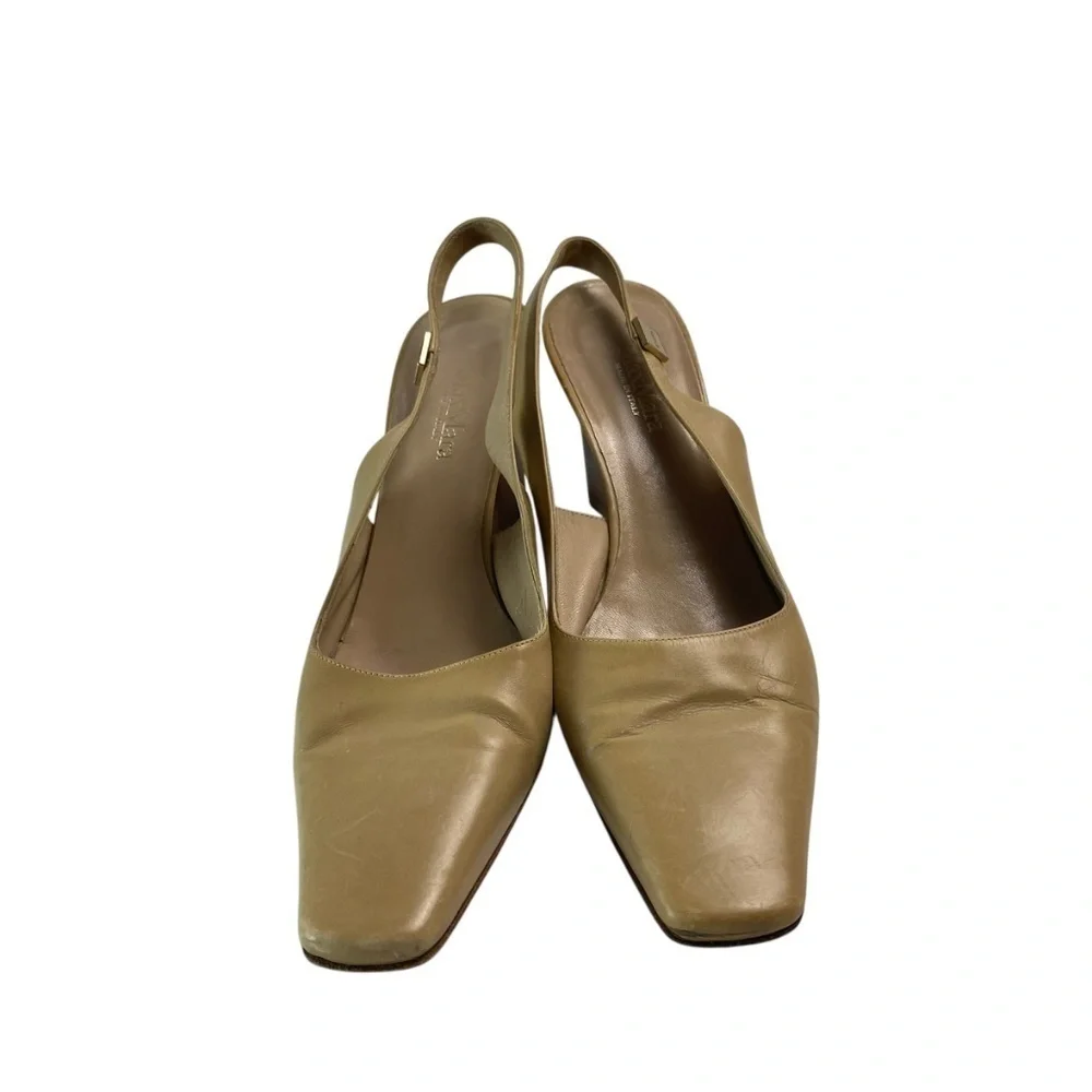 MAX MARA - Slingback Leather Sandals Block Heel Beige Size 38.5